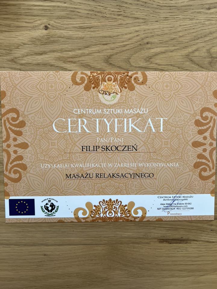 Certyfikat masażu – Filip Skoczeń