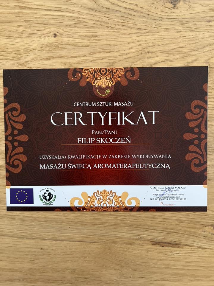 Certyfikat masażu – Filip Skoczeń