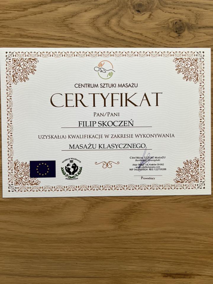 Certyfikat masażu – Filip Skoczeń